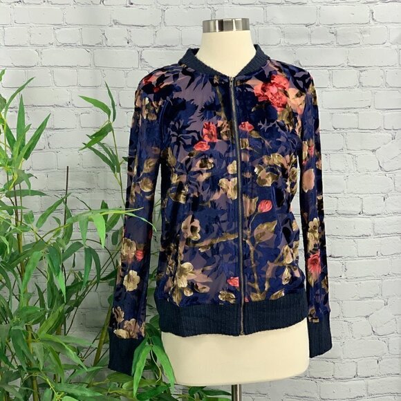 Mystree Navy Blue w/ Floral Velvet Bomber Jacket - Picture 1 of 8